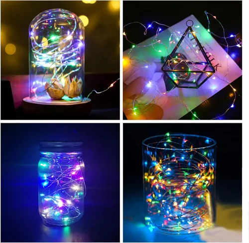 Vista 3 de Paquete de 2 guirnaldas de luces LED multicolor, funciona con pilas, impermeable, alambre plateado, 7 pies, 20 luces LED de luna estrellada