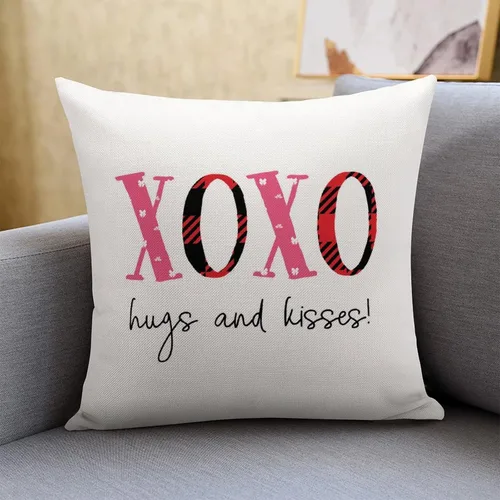 Love Heart Throw Cushion Cover Case Valentine's Day Heart XOXO Hugs and Kisses Decorative Pillow Cover Linen Square Zipped Pillow Case for Couch Bed