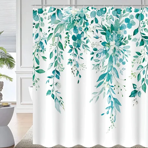 Vista 12 de Cortina de ducha extra larga de eucalipto gris y blanco de 84 pulgadas, cortinas de ducha de hojas florales grises para baño, cortina de baño