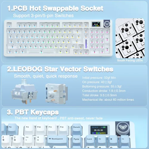 Vista 7 de AULA Teclado mecánico inalámbrico S98 Pro, pantalla y perilla inteligentes, teclado cremoso de tres modos BT5.0USB-C2.4GHz, interruptores lineales