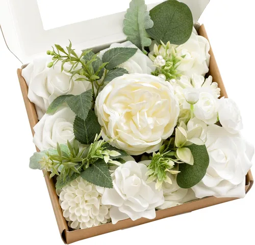 Vista 45 de Ling's moment Caja de flores artificiales, tallos de follaje artificial falso, rosas de espuma, dalia de seda, hierba de pampas, flor de tela
