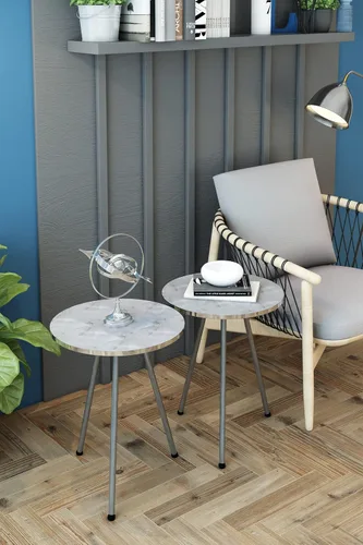 Vista 22 de Juego de 2 mesas auxiliares redondas de madera con aspecto de mármol, mesa auxiliar anidable para espacios pequeños, mesita de noche, mesa de noche