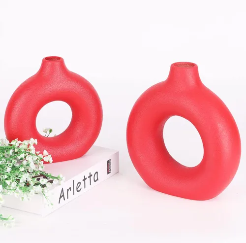 Vista 4 de Juego de 2 jarrones con forma de dona para decoración de jarrón rojo, jarrones circulares huecos, modernos jarrones de cerámica mate para entrada