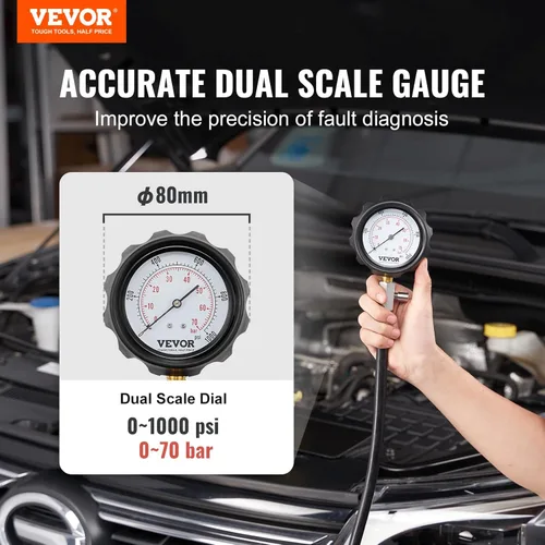 Vista 2 de VEVOR – Probador de compresión de motor diésel, juego de herramientas de prueba de presión de cilindro de 18 piezas, con medidor de 0-1000 psi