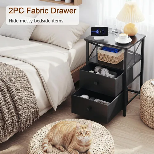 Vista 9 de AMHANCIBLE Nightstand with Fast Charging Station, End Table Living Room with USB Charger, Power Outlet, Bed Side Table with Fabric Drawers for