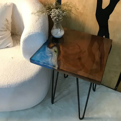 Vista 121 de Mesa de epoxi transparente, mesa de sofá con forma cuadrada, mesa auxiliar de resina de madera, mesa de centro de madera con borde natural para sala