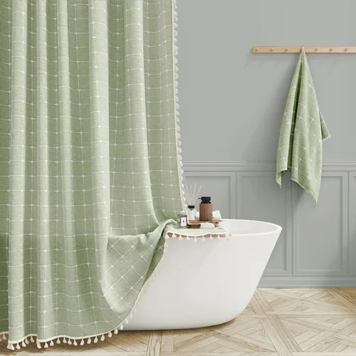 BTTN - Cortina de tela de lino para ducha, bohemia, con borlas, estilo rústico chic, para baño, elegante, con ganchos, alta, gruesa, moderna, A -