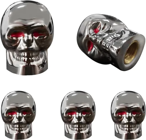 Vista 8 de Dickno 5 tapas de vástago de válvula de neumático estilo calavera con anillo de goma, cubierta de tapones de aire de auto con ojos rojos, tapas