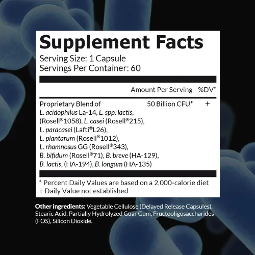 Vista 2 de 50 mil millones CFU Probióticos con prebióticos. Sin necesidad de refrigeración. Con prebióticos para 10 veces más eficacia. Botella de 2 meses