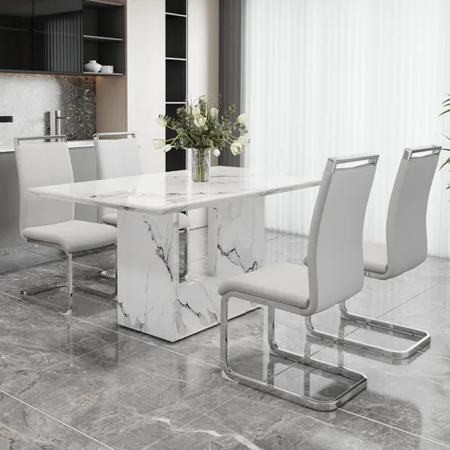 Vista 30 de Mesa de comedor rectangular de 63 pulgadas para 4-6 personas, mesa de cocina de color madera, mesas de comedor rectangulares de estilo moderno
