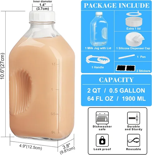 Vista 3 de Syntic Botella de leche de vidrio de 2 cuartos con tapa de rosca hermética reutilizable y resistente, botellas de vidrio de 64 oz para leche