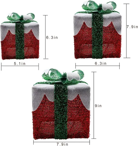 MorTime Juego de 3 cajas LED con lazos verdes, cajas rojas iluminadas con 60 luces LED para Navidad, interiores, exteriores, hogar, patio,