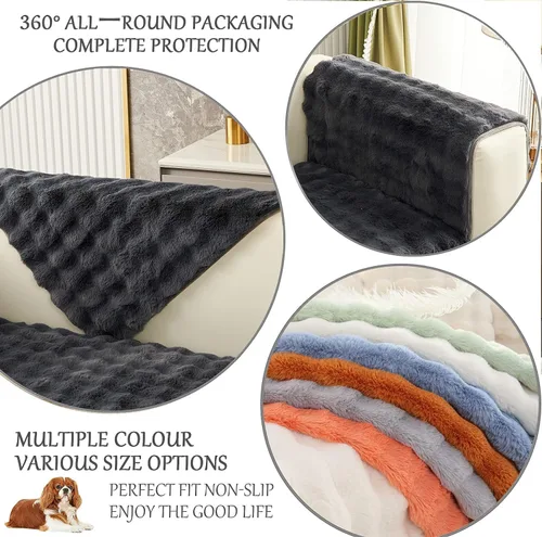 Vista 6 de Funda para sofá esquinero de 3/2/1/4 plazas, funda antideslizante para sofá, funda de felpa de conejo de lujo, protector de muebles de piel Negro