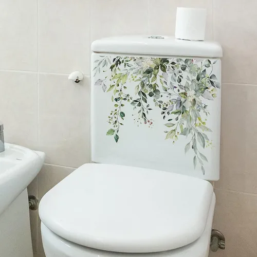 Vista 2 de Calcomanías Autoadhesivas para Tapa de Asiento de Inodoro con Hojas Verdes de Plantas y Flores Calcomanías de Pared para Baño Calcomanías Florales