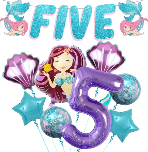 Vista 13 de KatchOn Juego de 8 decoraciones de sirena grande para cumpleaños número 4, globos de sirena y cumpleaños para niña de 4 años