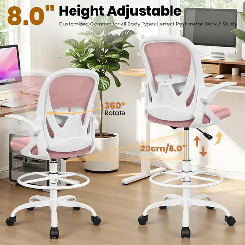 Vista 6 de Primy Silla de Dibujo Técnico Silla de Oficina Alta con Reposabrazos Abatibles Silla Ejecutiva Ergonómica de Computadora para Escritorio de Pie