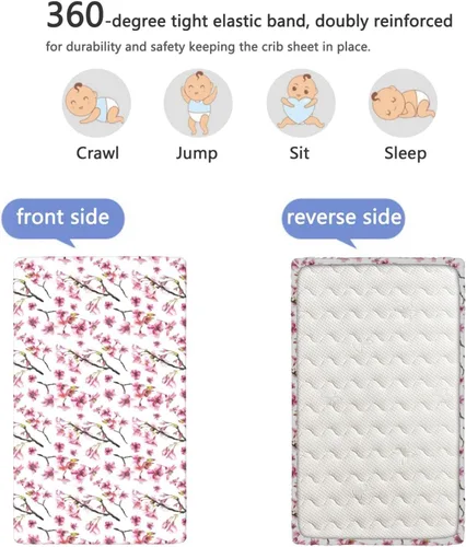 Vista 5 de Sábana bajera ajustable para cuna con temática de flor de cerezo, suave y transpirable, sábana para colchón de cuna o sábana para niños pequeños