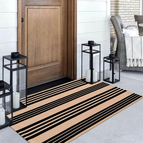 Vista 22 de Alfombra de exterior a rayas blancas y negras, 2 x 3 pies, de algodón, moderna, tejida a mano, reversible, para porche, puerta de bienvenida