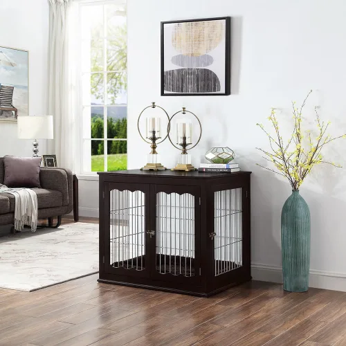 Vista 2 de unipaws - Mesa auxiliar estilo mueble con cojín para perros de 36 pulgadas, jaulas de alambre de madera para mascotas con puertas dobles, casa