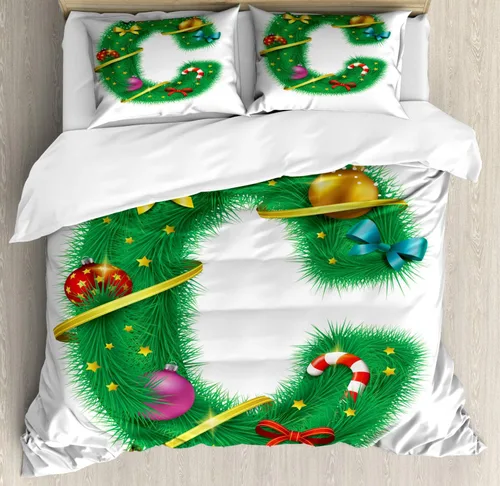 Vista 14 de Ambesonne Christmas Alphabet Duvet Cover Set, Tree Branches as B Letter Ornamented with Ribbon and Baubles, Decorative 3 Piece Bedding Set with 2
