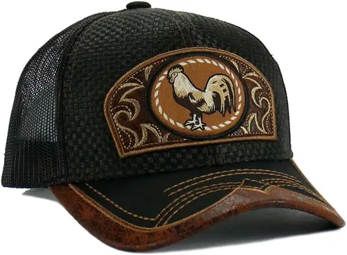 Vista 3 de Gorra de béisbol curvada de malla de camionero bordada estilo occidental de México con diseño de gallo