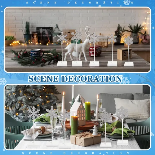 Vista 6 de Sawysine 6 piezas Centro de mesa de copo de nieve de madera de Navidad, decoración de centro de mesa de copo de nieve, bloque alto de pie
