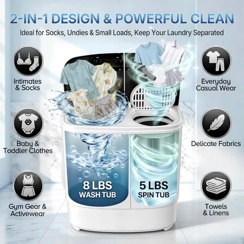 Vista 2 de ZENY Lavadora de ropa portátil, mini lavadora de tina doble, capacidad de 13 libras con secadora giratoria, combo compacto de lavadora y secadora