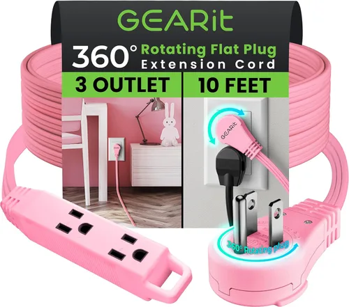 Vista 29 de GEARit Cable de extensión corto con enchufe plano giratorio de 360° y 3 tomas (2 pies, gris) 16AWG/13A Cable de 3 clavijas, Protector de toma