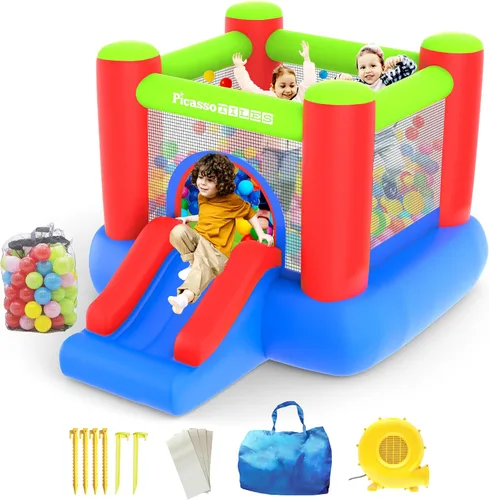 PicassoTiles KC106 - Gorila inflable infantil de 8 x 7 pies, parque infantil, casa de rebote de salto, casa de juegos con 50 bolas de hoyo,
