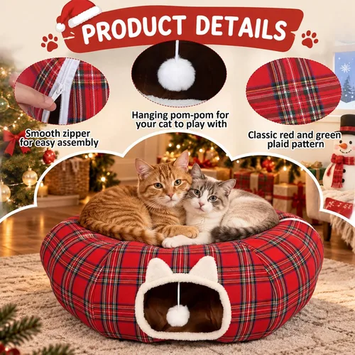 Vista 4 de Falda de árbol de Navidad con diseño de túnel de gato, cama a cuadros con Rojo