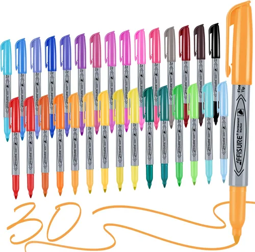 Marcadores Permanentes de 30 Colores, Paquete de 30 Marcadores Permanentes, Marcadores de Colores Surtidos, Punta Fina, Secado Rápido, Resistente al