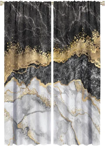 Vista 28 de Cortinas abstractas de mármol de lujo de lujo azul marino dorado a rayas con patrón de mármol estampado para dormitorio, sala de estar, cortinas