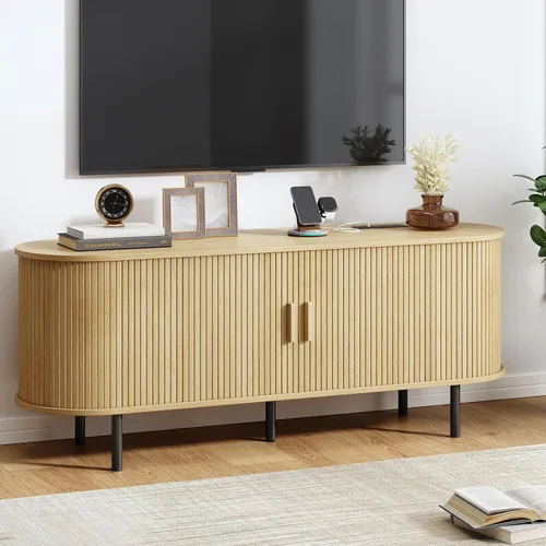 Vista 12 de Soporte de TV de 55 pulgadas con toma de corriente, consola multimedia moderna con puertas correderas, centro de entretenimiento para televisores