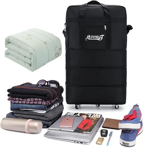 Vista 3 de Bolsa de viaje Oxford expandible extra grande con ruedas, impermeable, ligera, plegable, maleta, Negro -, Equipaje extensible central rígido