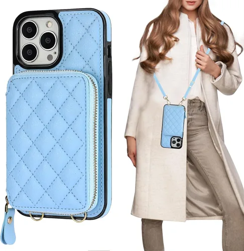 Vista 18 de Bocasal Funda tipo cartera cruzada para iPhone 13 Pro Max, bloqueo RFID de cuero PU con cremallera, bolso cartera con tapa plegable, funda tipo