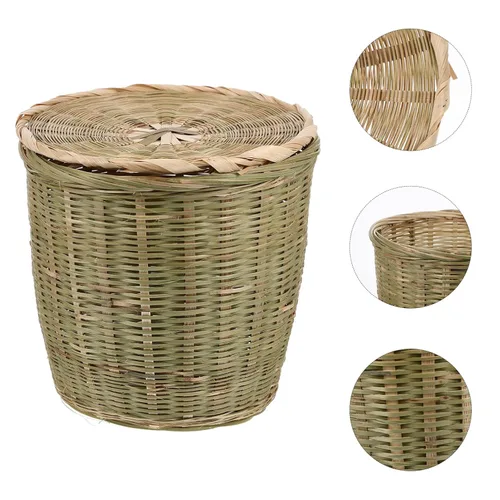 Vista 9 de PRETYZOOM Cesta tejida de bambú versátil con tapa, almacenamiento multiusos para juguetes de basura y artículos diversos, material natural