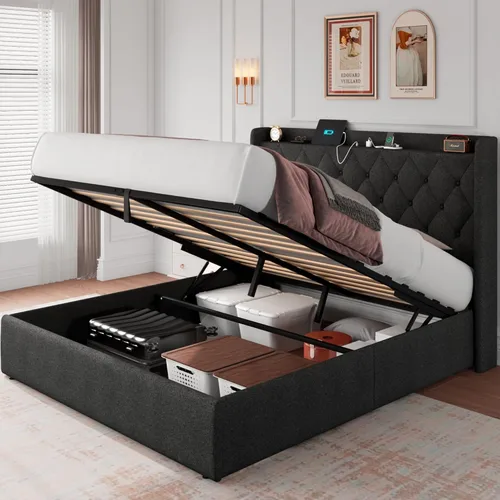 Vista 8 de iPormis Base de cama de almacenamiento elevable de tamaño completo con estación de carga, base de cama de plataforma tapizada con cabecera capitoné