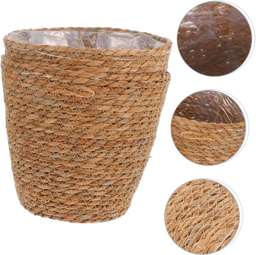 Vista 6 de LIOOBO 2 cestas para plantas, cestas de pastos marinos tejidas a mano con forro de plástico, macetas para plantas, contenedores organizadores