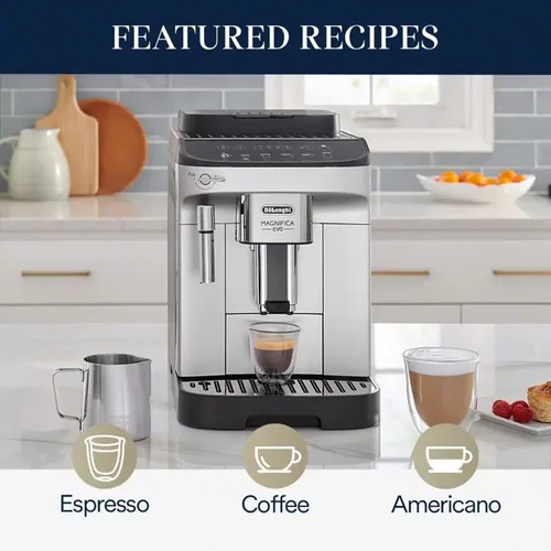 Vista 3 de De'Longhi Magnifica Evo, cafetera totalmente automática de café expreso de grano a taza y café helado, pantalla táctil de color, negro, plateado
