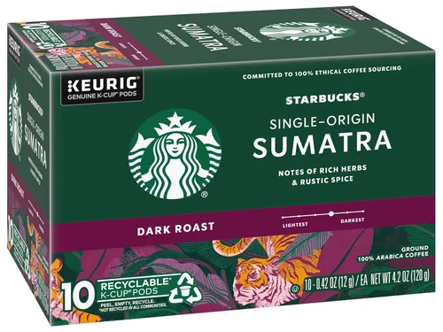 Vista 3 de Starbucks Cápsulas K-Cup de café, café Sumatra de origen único, tostado oscuro 100% café arábica, cápsulas Keurig K-Cup auténticas, 10 cápsulas