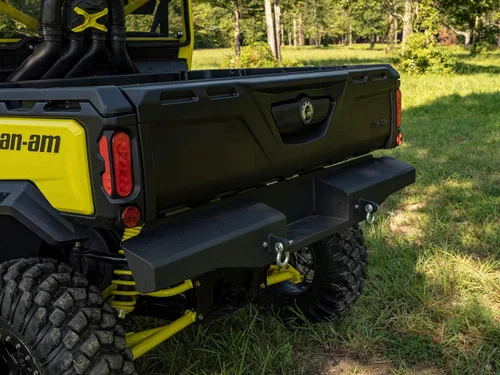 Vista 7 de SuperATV Sheet Metal Rear Bumper For Can Am Defender HD 5/8/10/MAX, Thick Steel Plating, 2 D-Ring Shackles, Built-In Winch Mount Pre-Fit For