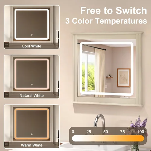 Vista 3 de RoyalCraft Cómoda de 6 cajones con espejo iluminado, cómoda de madera moderna acanalada beige, cómoda larga para almacenamiento en el dormitorio