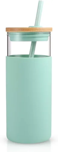 Vista 20 de Tronco Vaso de vidrio de 20 onzas con tapa y popote, taza de café helado y vaso para batido con tapas de bambú y funda protectora de silicona, apto