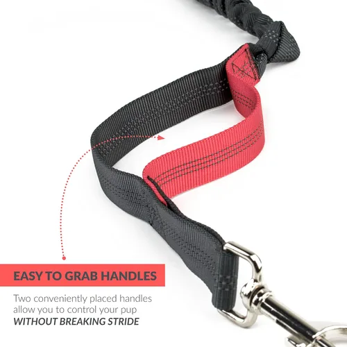 Vista 8 de Correa de perro Tuff Mutt con manos libres para correr, caminar, hacer senderismo. Correa elástica duradera de doble asa de 4 pies de largo