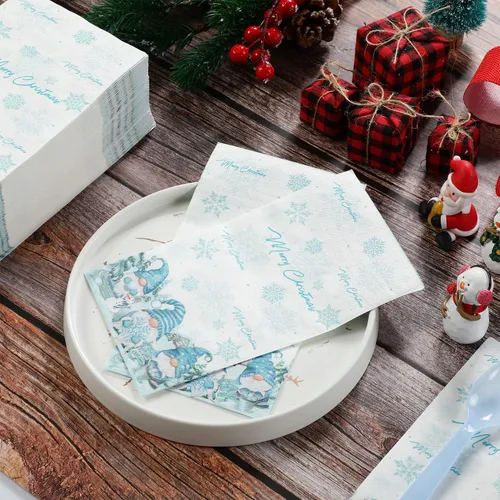 Vista 4 de 100 servilletas de papel de gnomo de Navidad, desechables, diseño de gnomo de Navidad, copos de nieve, servilletas de papel decorativo de Navidad