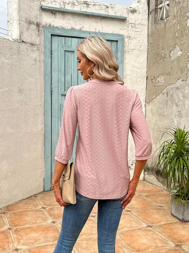 Vista 5 de Blusas de manga 34 para mujer, con ojales, estilo casual, cuello en V