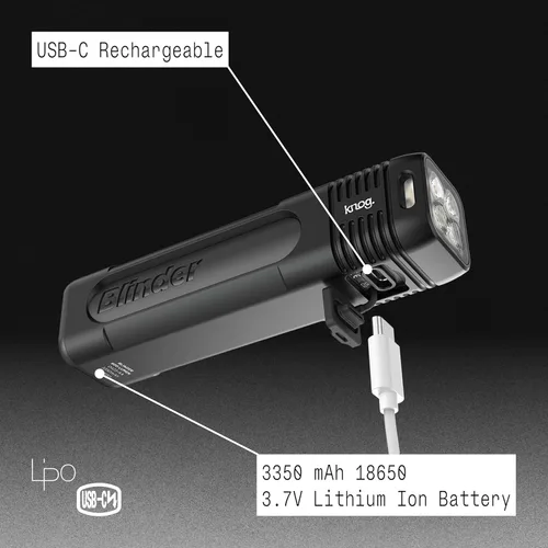 Vista 4 de Knog Blinder 600 - Luz de bicicleta de 600 lúmenes con diseño compacto CNC, 6 modos de luz, USB-C recargable, IP67 impermeable, indicador de batería