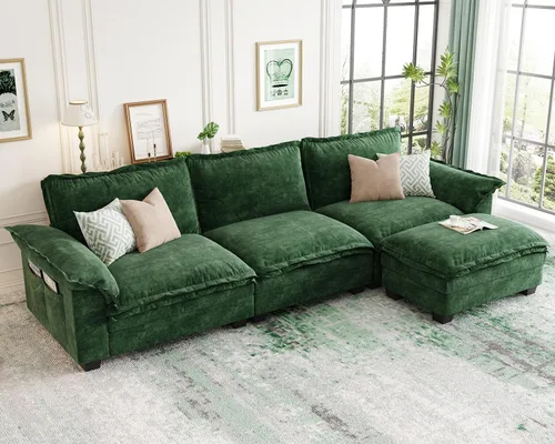 Vista 49 de KKL Sofá cama modular seccional, sofá de nube de 4 plazas con otomana, sofás seccionales de felpilla para sala de estar, apartamento, beige