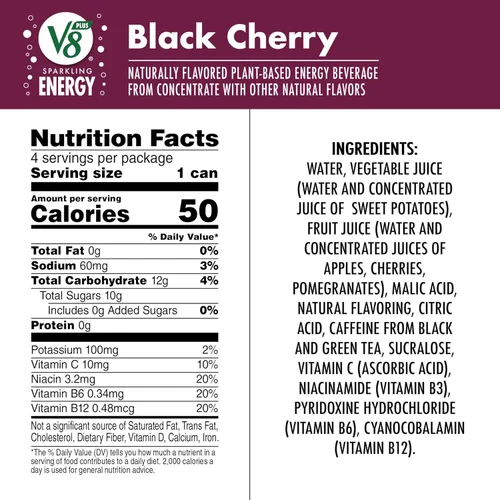 Vista 2 de V8 +ENERGY Bebida Energética de Cereza Negra, lata de 11.5 fl oz (paquete de 4)