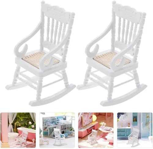 Vista 3 de TOYANDONA 2 sillas de madera para casa de muñecas, modelo de casa de muñecas de Navidad 1:12, mini casa de muñecas mecedora de madera para casa